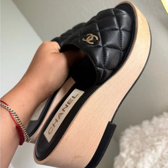 CHANEL Black and Tan Quilted Mules